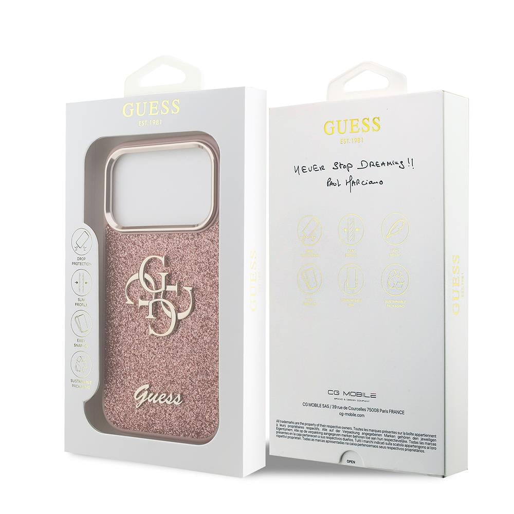 Apple iPhone 17 Pro Kılıf Guess Orjinal Lisanslı 4G Büyük Metal Kamera Çerçeveli ve Logolu Glitter Kapak