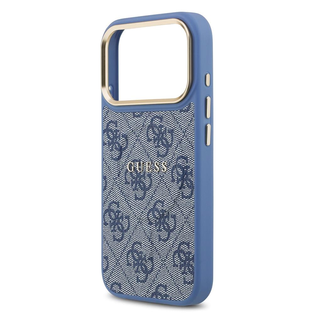 Apple iPhone 17 Pro Kılıf Guess Orjinal Lisanslı M-safe Şarj Özellikli Gold Metal Kamera Çerçeveli PU Deri 4G Desenli Yazı Logolu Kapak
