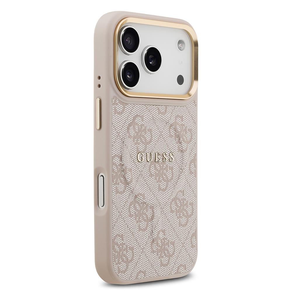 Apple iPhone 17 Pro Kılıf Guess Orjinal Lisanslı M-safe Şarj Özellikli Gold Metal Kamera Çerçeveli PU Deri 4G Desenli Yazı Logolu Kapak