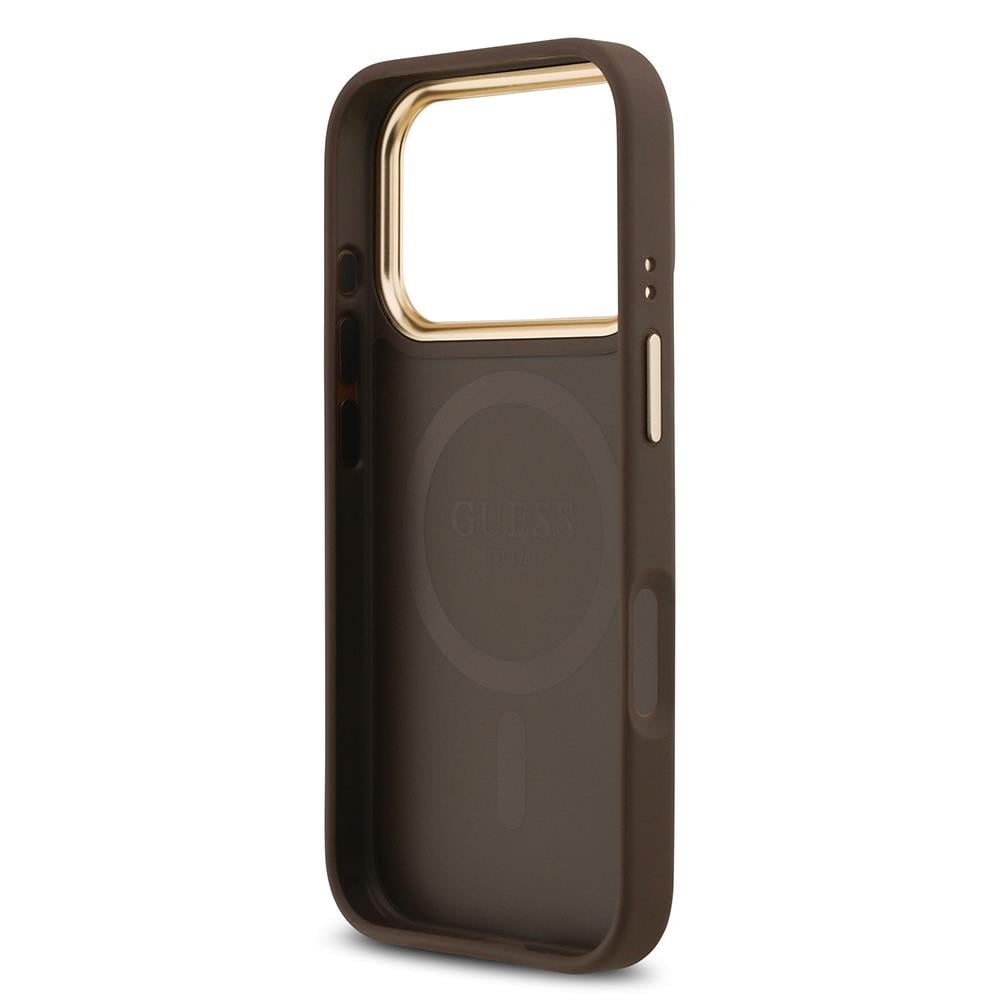 Apple iPhone 17 Pro Kılıf Guess Orjinal Lisanslı M-safe Şarj Özellikli Gold Metal Kamera Çerçeveli Taşlı 4G Logolu Kapak
