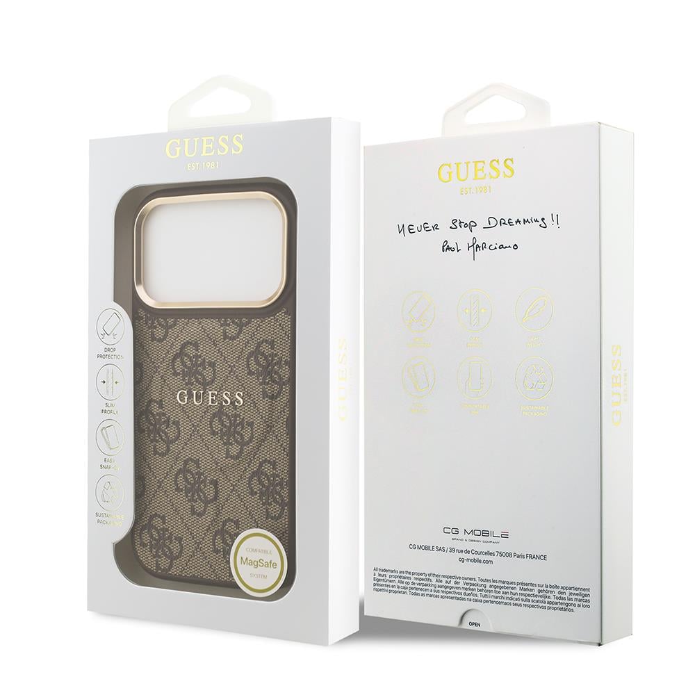 Apple iPhone 17 Pro Kılıf Guess Orjinal Lisanslı M-safe Şarj Özellikli Gold Metal Kamera Çerçeveli PU Deri 4G Desenli Yazı Logolu Kapak