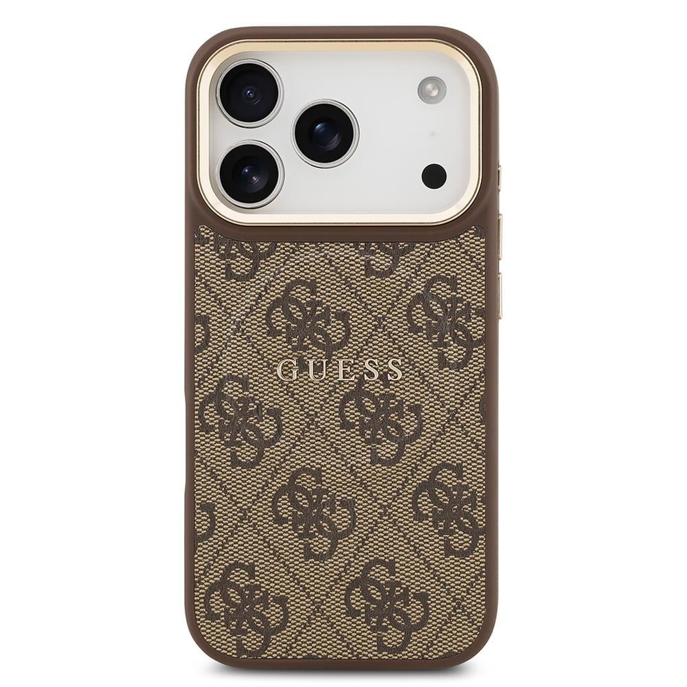 Apple iPhone 17 Pro Kılıf Guess Orjinal Lisanslı M-safe Şarj Özellikli Gold Metal Kamera Çerçeveli PU Deri 4G Desenli Yazı Logolu Kapak