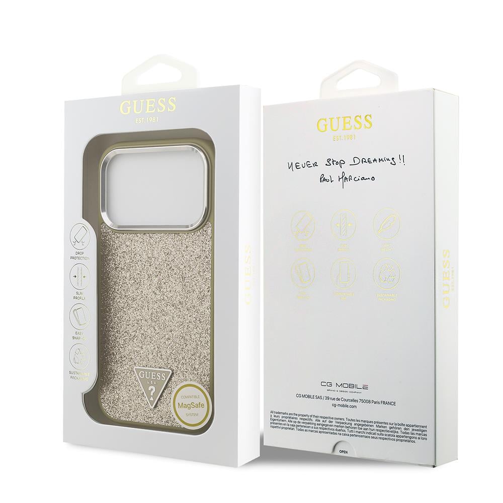 Apple iPhone 17 Pro Kılıf Guess Orjinal Lisanslı M-safe Şarj Özellikli Metal Kamera Çerçeveli Üçgen Logolu Glitter Kapak