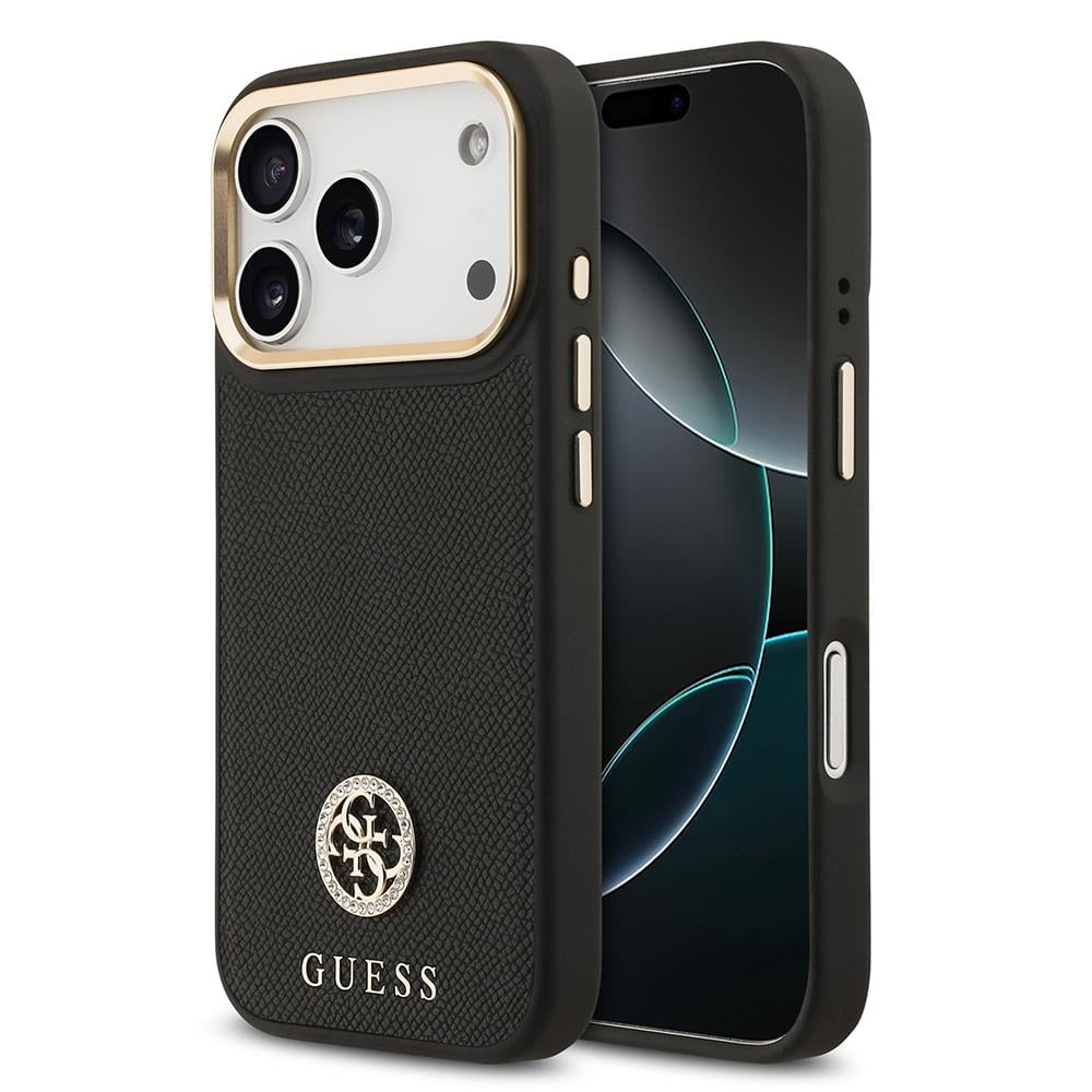 Apple iPhone 17 Pro Kılıf Guess Orjinal Lisanslı M-safe Şarj Özellikli Grained Yazı ve Taşlı 4G Logolu Kapak