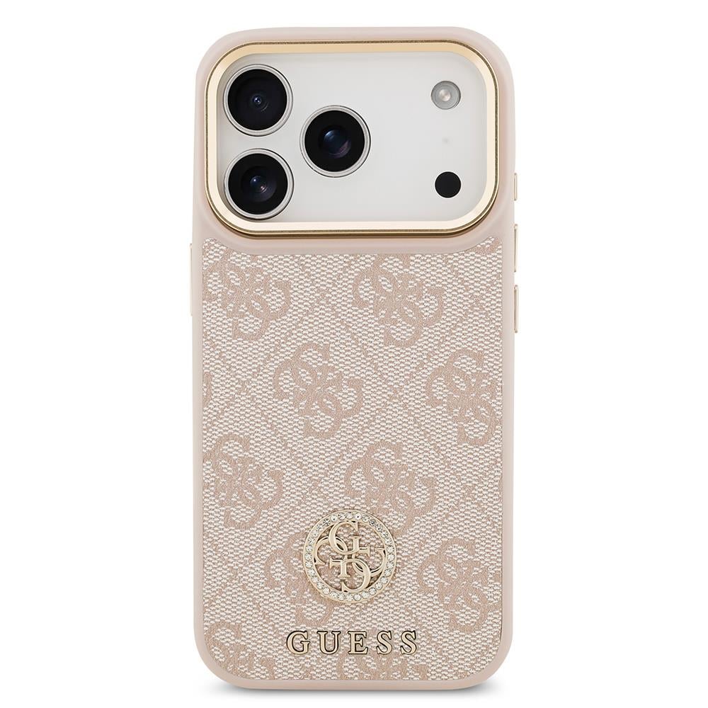 Apple iPhone 17 Pro Kılıf Guess Orjinal Lisanslı M-safe Şarj Özellikli Gold Metal Kamera Çerçeveli Taşlı 4G Logolu Kapak