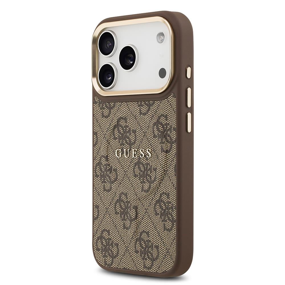 Apple iPhone 17 Pro Kılıf Guess Orjinal Lisanslı M-safe Şarj Özellikli Gold Metal Kamera Çerçeveli PU Deri 4G Desenli Yazı Logolu Kapak