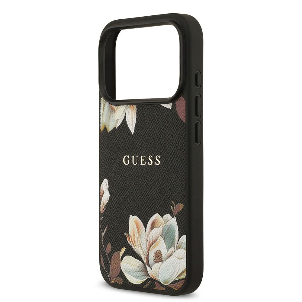 Apple iPhone 17 Pro Kılıf Guess Orjinal Lisanslı M-safe Şarj Özellikli Taneli Çiçek Tasarımlı Metal Yazı Logolu Kapak