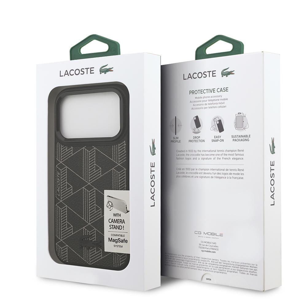 Apple iPhone 17 Pro Kılıf Lacoste Orjinal Lisanslı M-safe Şarj Özellikli Standlı PU Deri Karışık Monogram Desenli Kapak