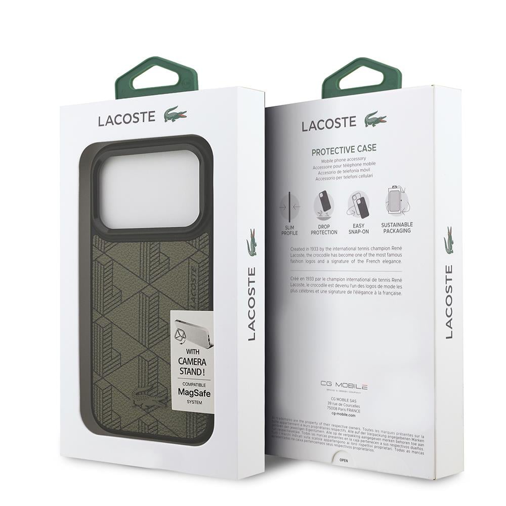 Apple iPhone 17 Pro Kılıf Lacoste Orjinal Lisanslı M-safe Şarj Özellikli Standlı PU Deri Karışık Monogram Desenli Kapak