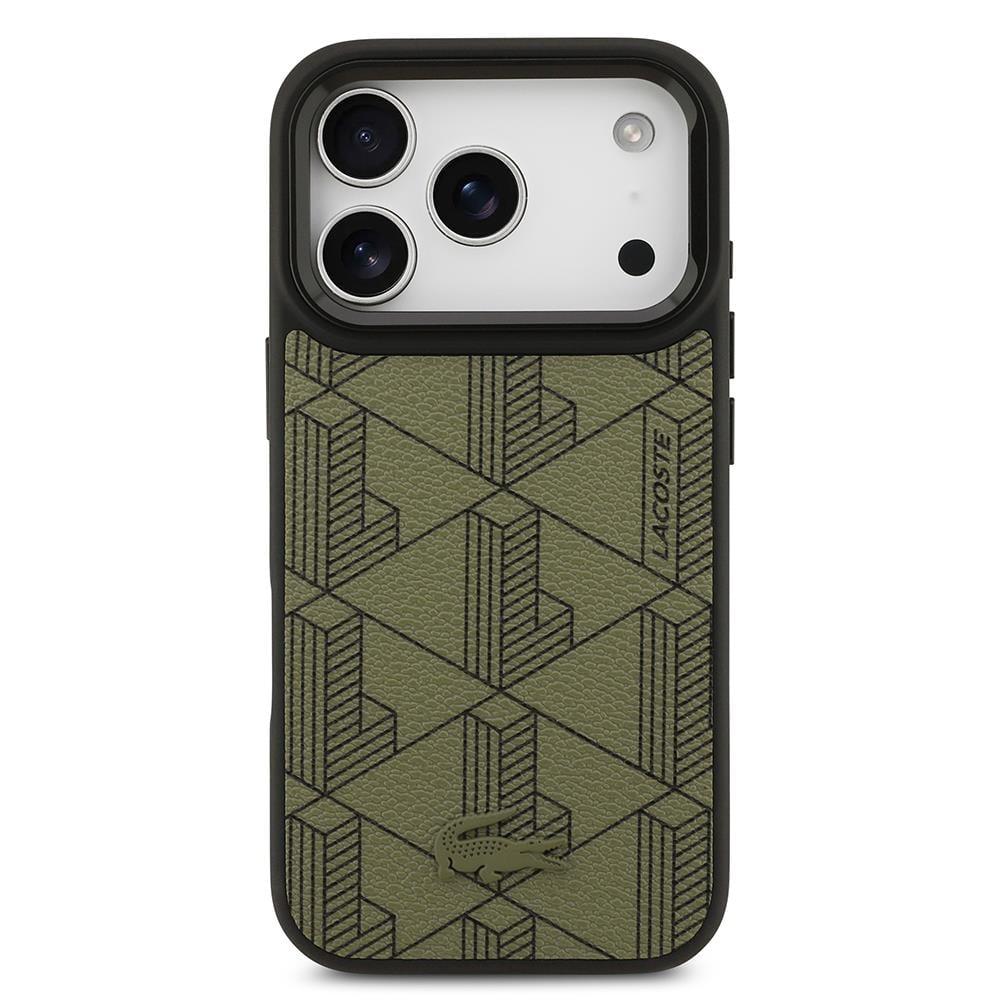 Apple iPhone 17 Pro Kılıf Lacoste Orjinal Lisanslı M-safe Şarj Özellikli Standlı PU Deri Karışık Monogram Desenli Kapak