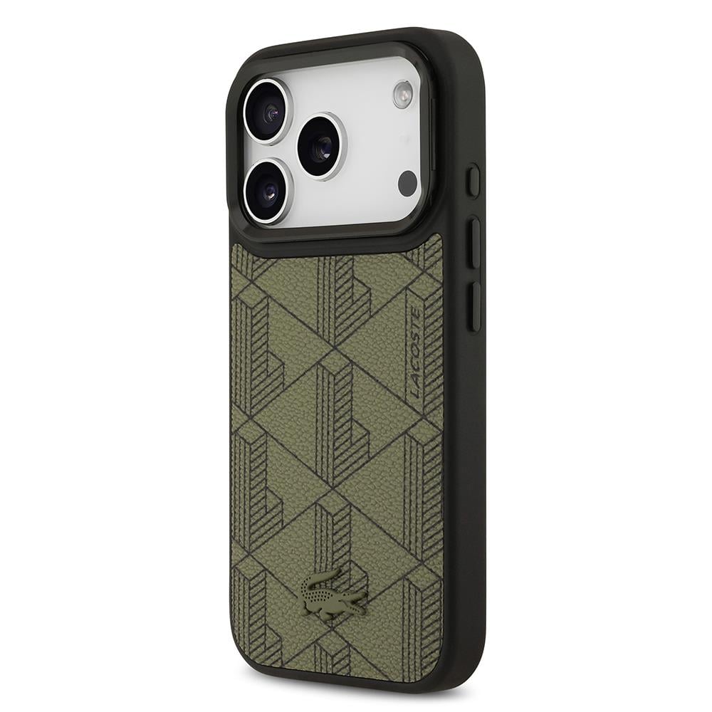Apple iPhone 17 Pro Kılıf Lacoste Orjinal Lisanslı M-safe Şarj Özellikli Standlı PU Deri Karışık Monogram Desenli Kapak