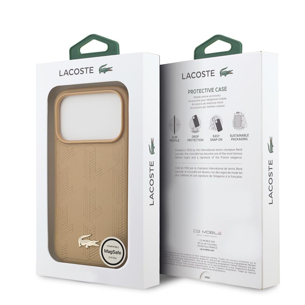 Apple iPhone 17 Pro Kılıf Lacoste Orjinal Lisanslı M-safe Şarj Özellikli PU Deri Tasarımlı Karışık Monogram Desenli Kapak