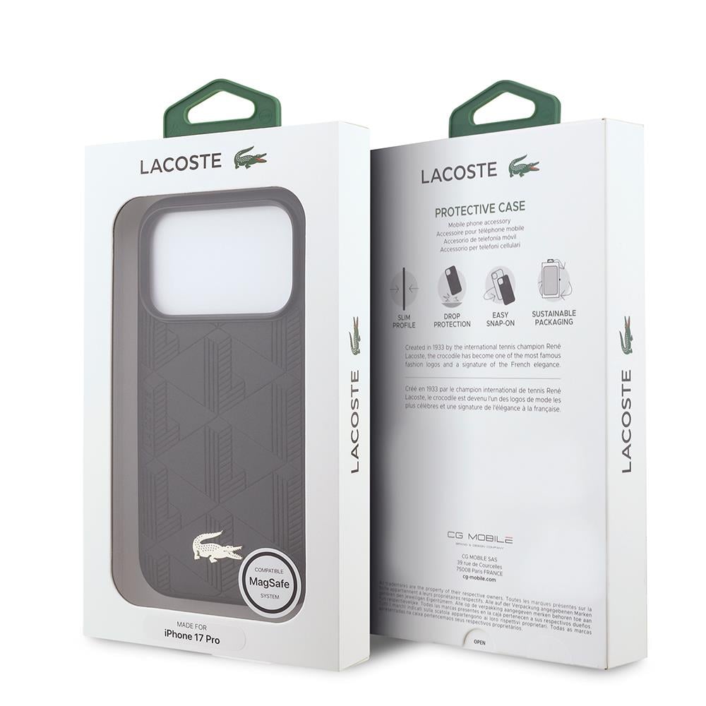 Apple iPhone 17 Pro Kılıf Lacoste Orjinal Lisanslı M-safe Şarj Özellikli PU Deri Tasarımlı Karışık Monogram Desenli Kapak