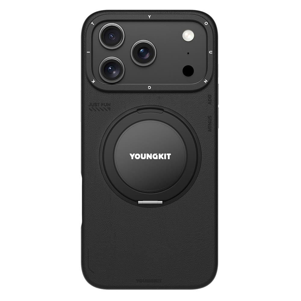 Apple iPhone 17 Pro Kılıf M-safe Şarj Özellikli 360 Derece Standlı Basit Mat Deri Desenli Youngkit Tech Leather Serisi Kapak