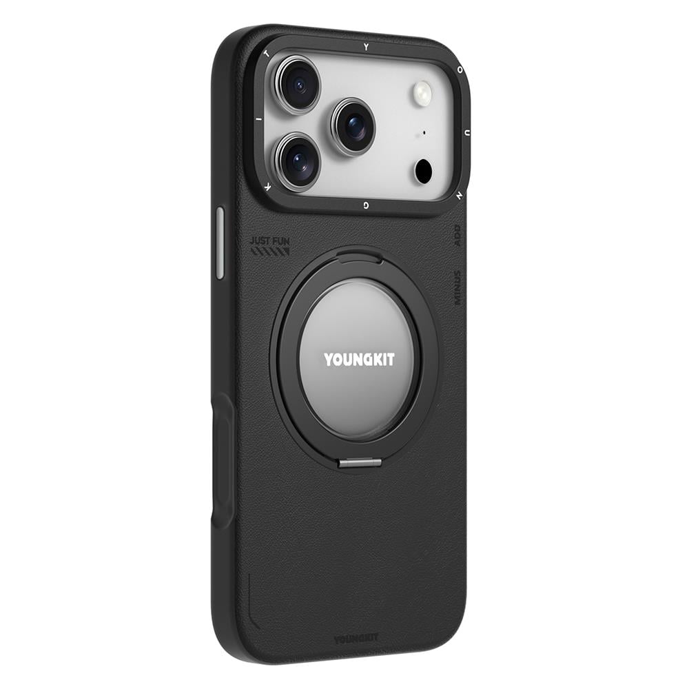 Apple iPhone 17 Pro Kılıf M-safe Şarj Özellikli 360 Derece Standlı Basit Mat Deri Desenli Youngkit Tech Leather Serisi Kapak