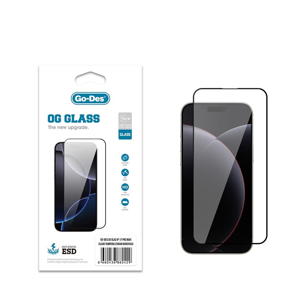 Apple iPhone 17 Pro Max Go Des OG Glass Antistatik Temperli Cam Ekran Koruyucu