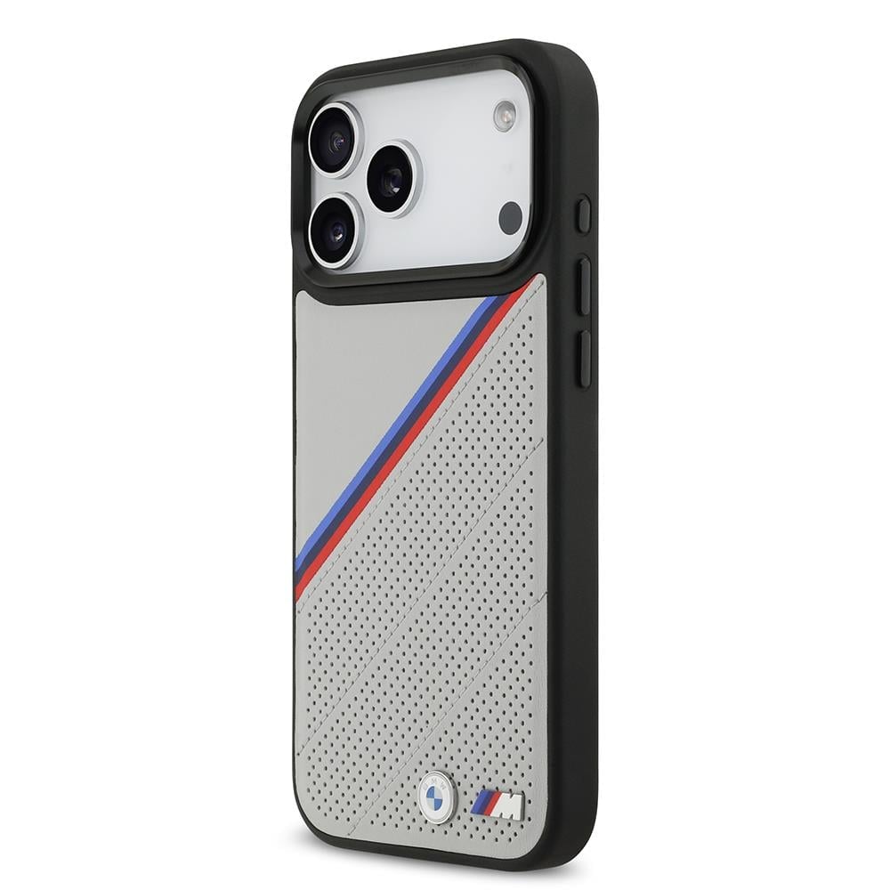 Apple iPhone 17 Pro Max Kılıf BMW Orjinal Lisanslı M-safe Şarj Özellikli M Logolu Üç Şeritli Delikli Deri Kapak