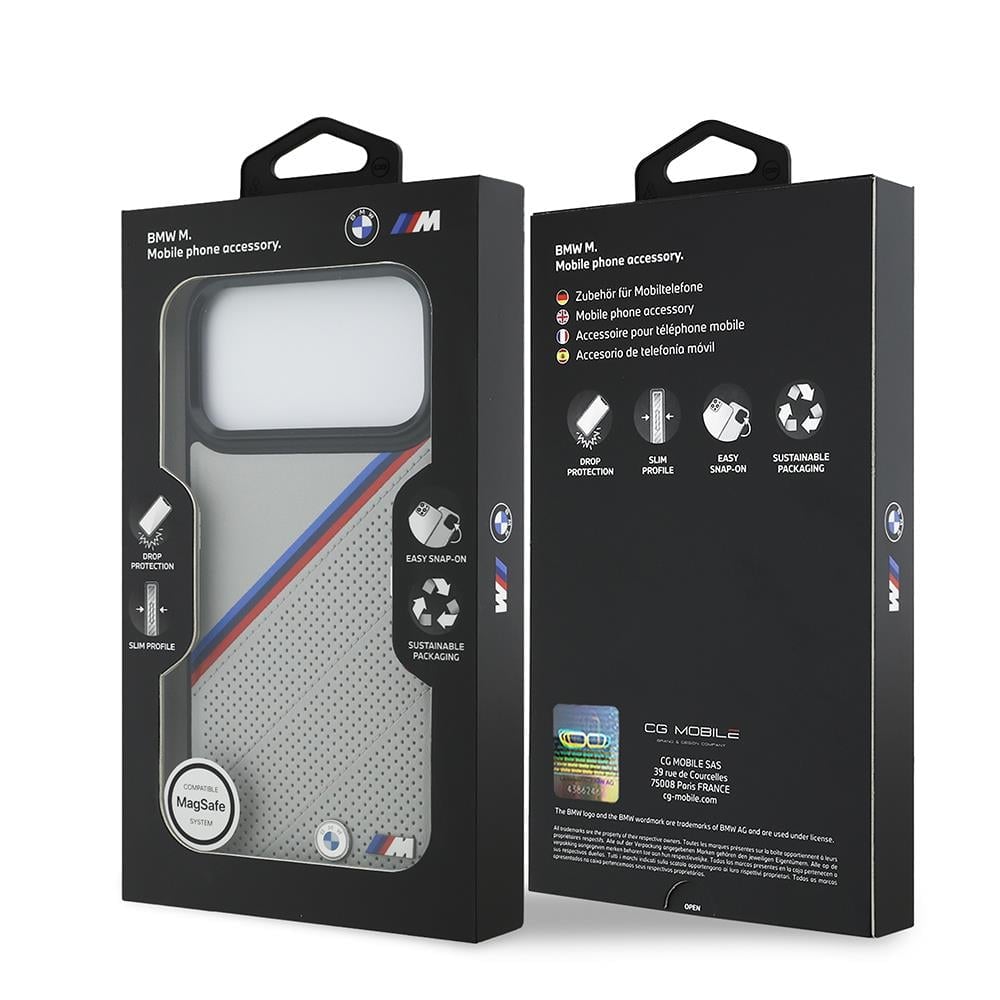 Apple iPhone 17 Pro Max Kılıf BMW Orjinal Lisanslı M-safe Şarj Özellikli M Logolu Üç Şeritli Delikli Deri Kapak