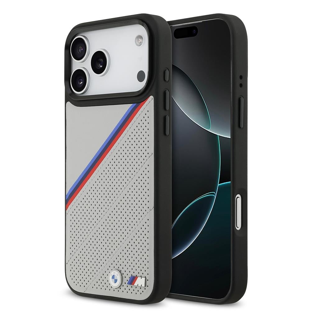 Apple iPhone 17 Pro Max Kılıf BMW Orjinal Lisanslı M-safe Şarj Özellikli M Logolu Üç Şeritli Delikli Deri Kapak