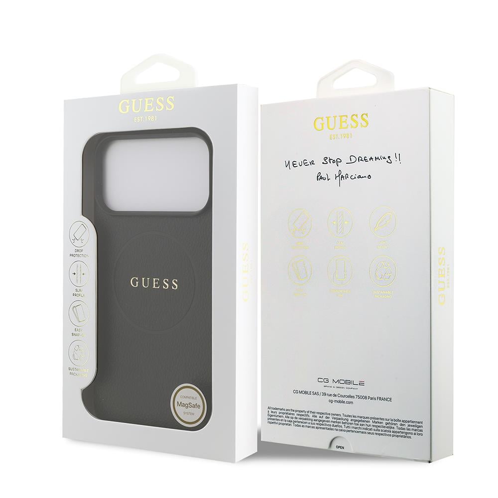 Apple iPhone 17 Pro Max Kılıf Guess Orjinal Lisanslı M-safe Şarj Özellikli Yazı Logolu PU Deri Kapak