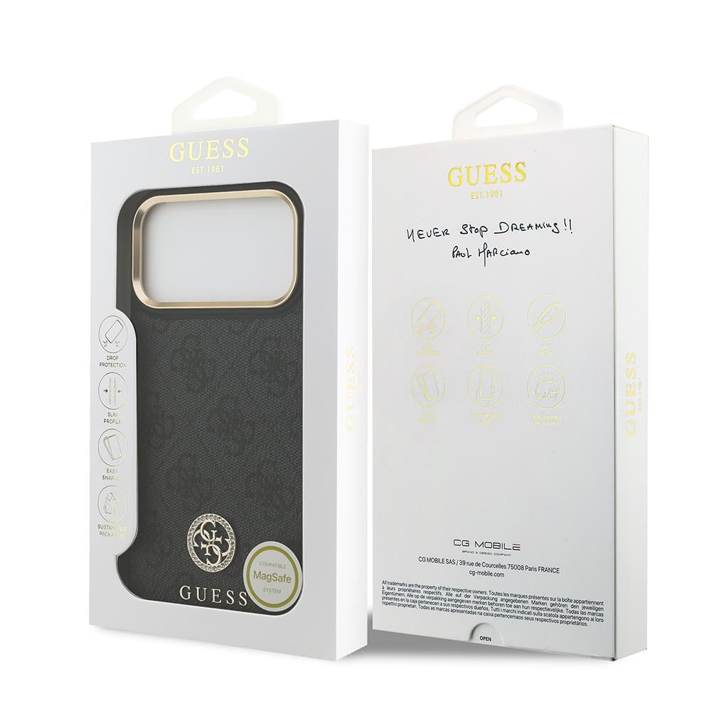 Apple iPhone 17 Pro Max Kılıf Guess Orjinal Lisanslı M-safe Şarj Özellikli Gold Metal Kamera Çerçeveli Taşlı 4G Logolu Kapak