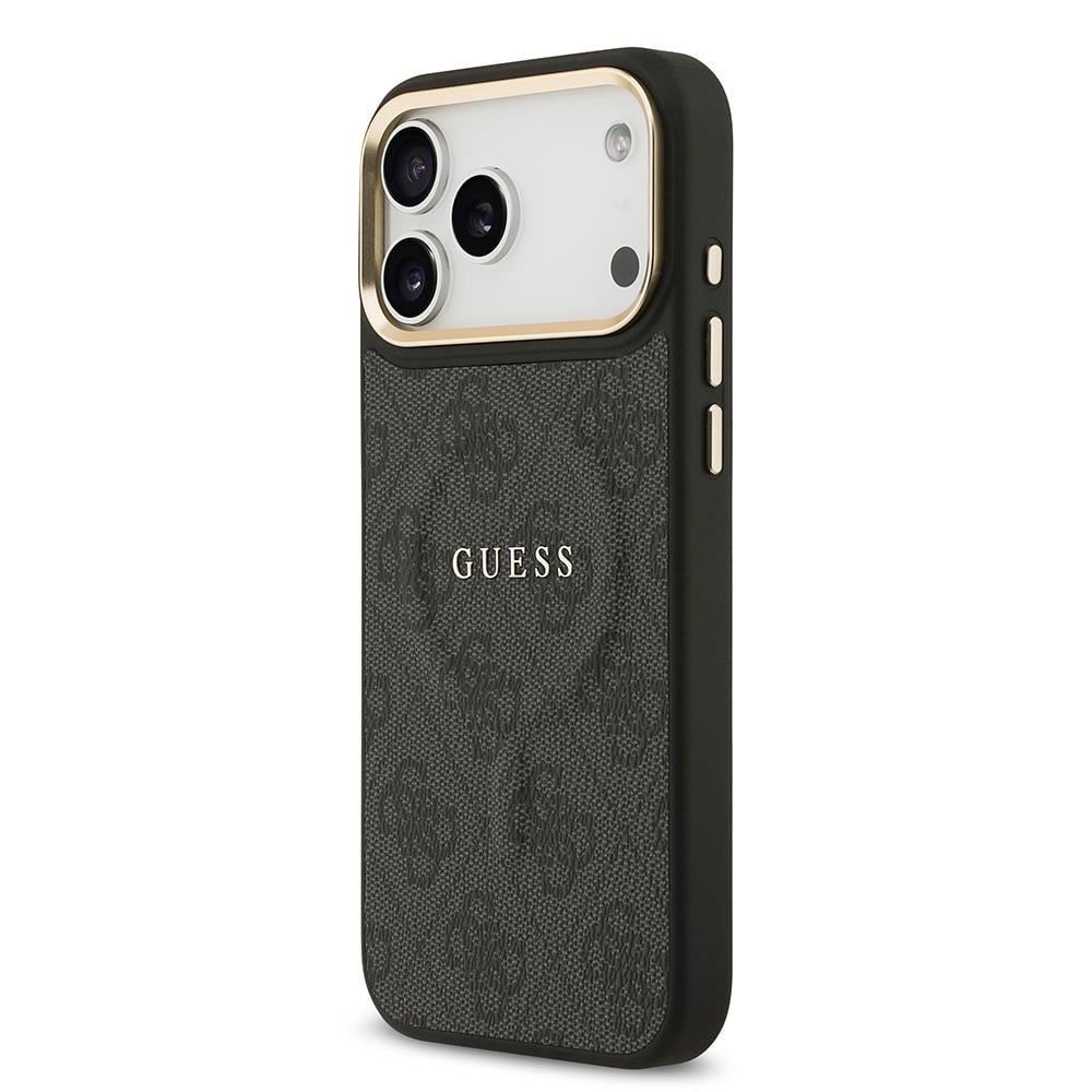 Apple iPhone 17 Pro Max Kılıf Guess Orjinal Lisanslı M-safe Şarj Özellikli Gold Metal Kamera Çerçeveli PU Deri 4G Desenli Yazı Logolu Kapak