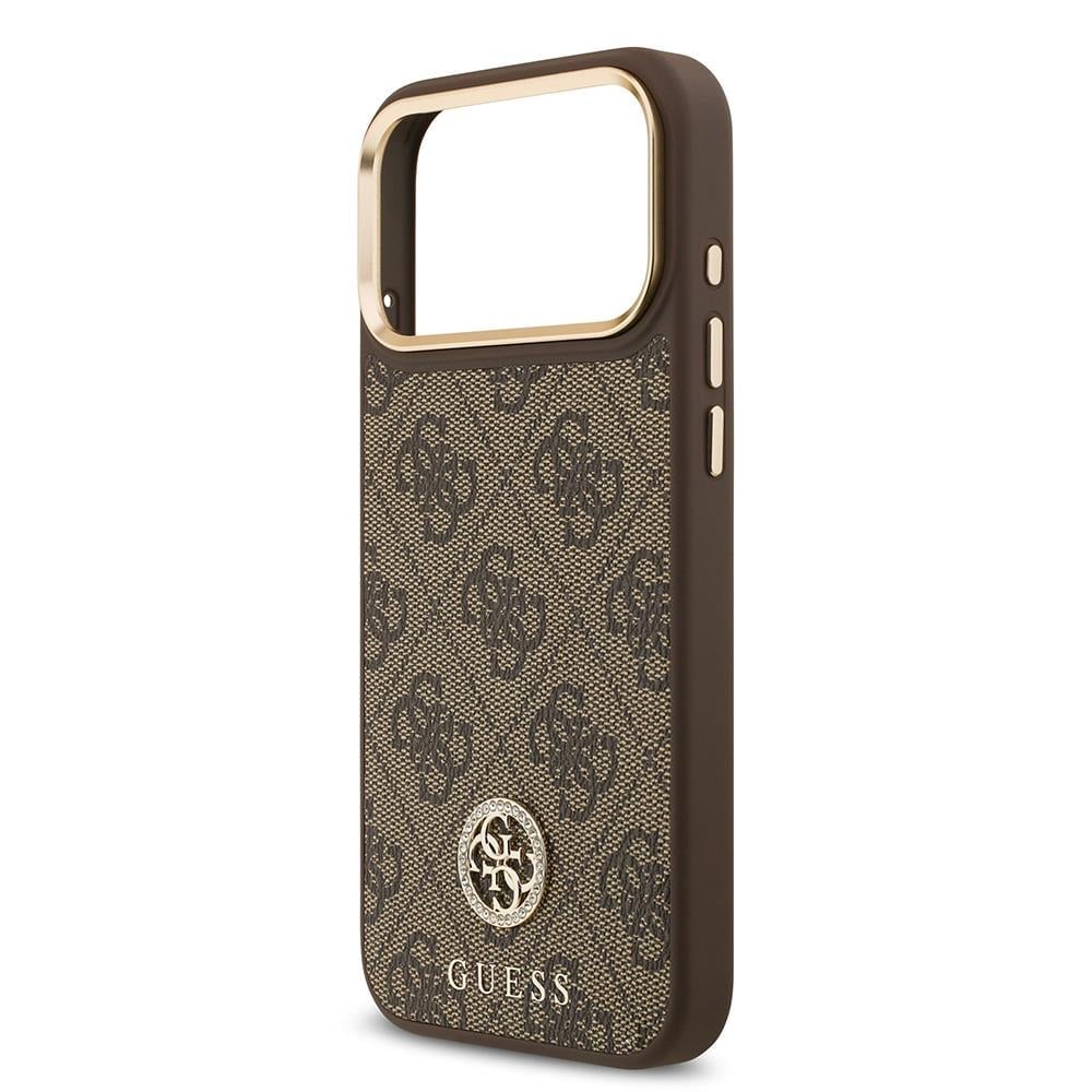Apple iPhone 17 Pro Max Kılıf Guess Orjinal Lisanslı M-safe Şarj Özellikli Gold Metal Kamera Çerçeveli Taşlı 4G Logolu Kapak