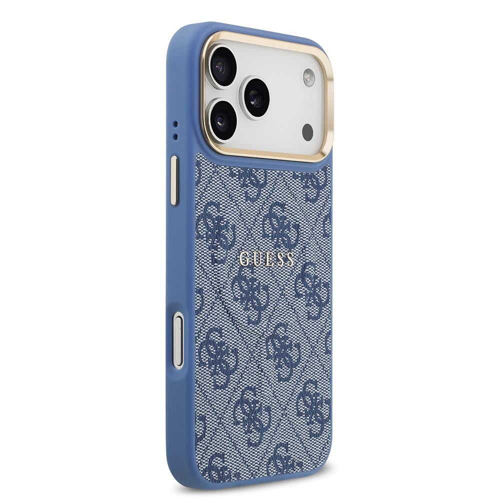 Apple iPhone 17 Pro Max Kılıf Guess Orjinal Lisanslı M-safe Şarj Özellikli Gold Metal Kamera Çerçeveli PU Deri 4G Desenli Yazı Logolu Kapak