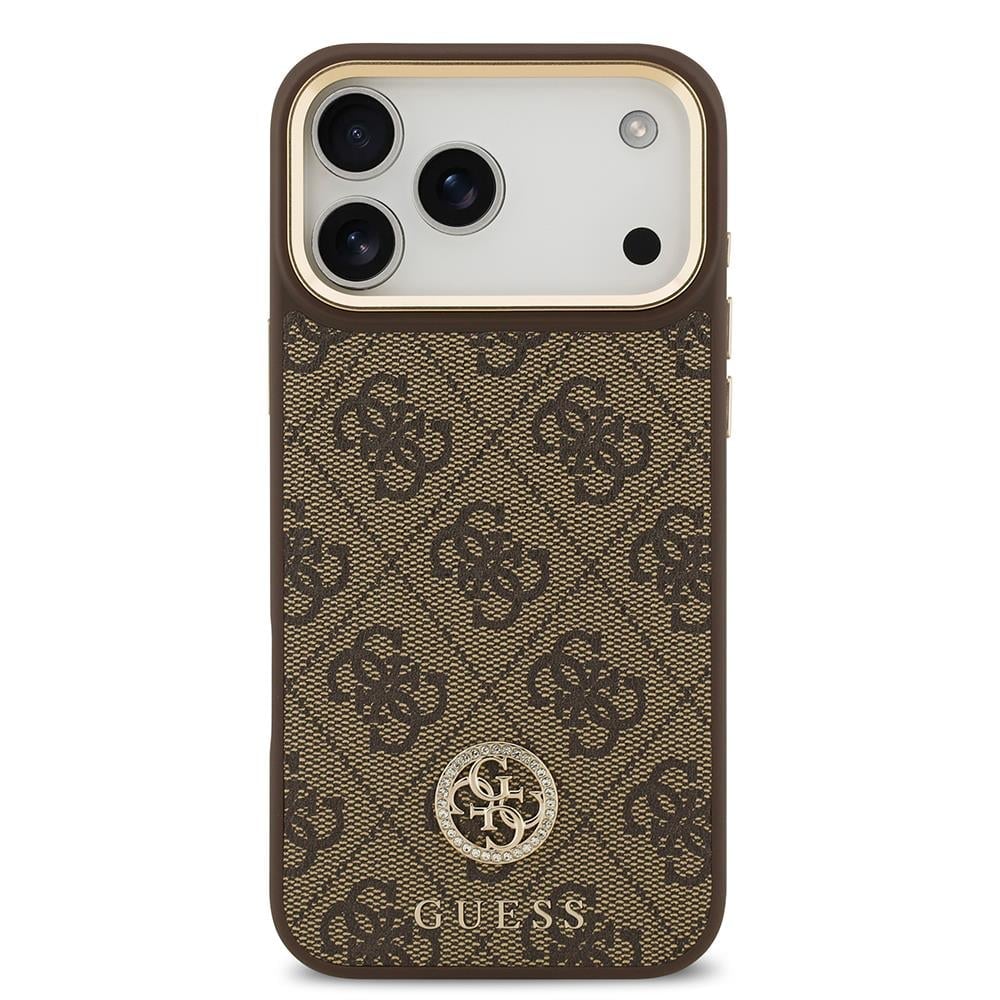 Apple iPhone 17 Pro Max Kılıf Guess Orjinal Lisanslı M-safe Şarj Özellikli Gold Metal Kamera Çerçeveli Taşlı 4G Logolu Kapak