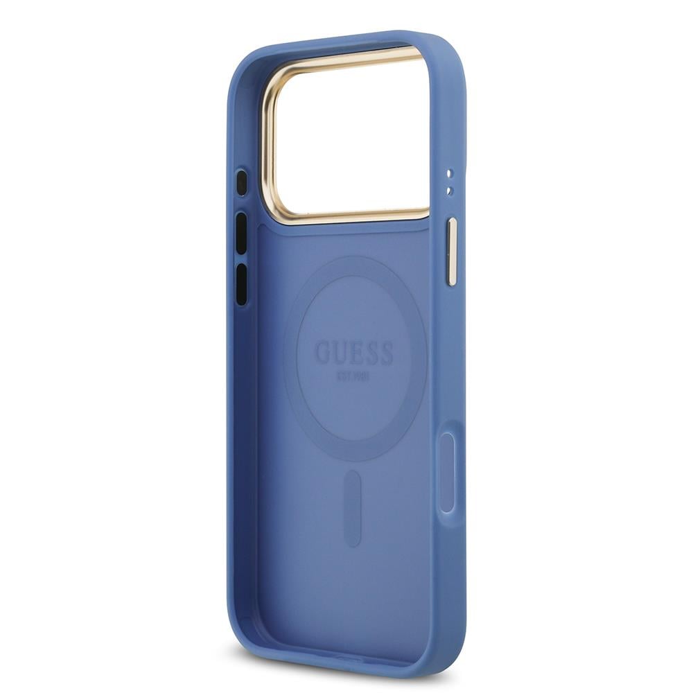 Apple iPhone 17 Pro Max Kılıf Guess Orjinal Lisanslı M-safe Şarj Özellikli Gold Metal Kamera Çerçeveli PU Deri 4G Desenli Yazı Logolu Kapak