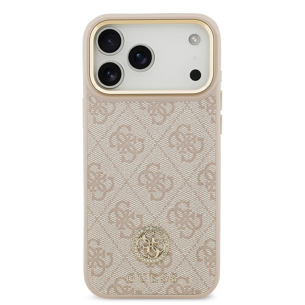 Apple iPhone 17 Pro Max Kılıf Guess Orjinal Lisanslı M-safe Şarj Özellikli Gold Metal Kamera Çerçeveli Taşlı 4G Logolu Kapak