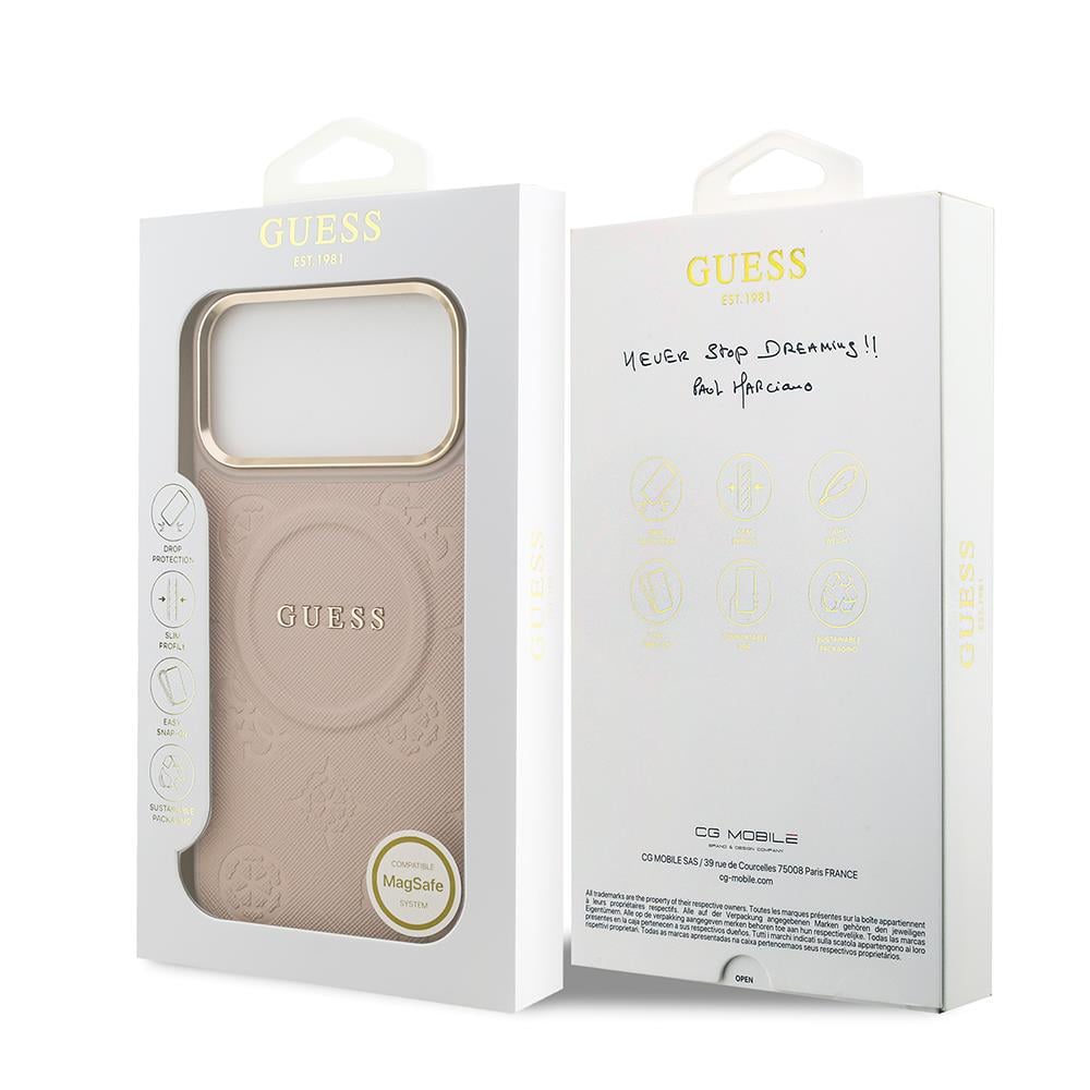 Apple iPhone 17 Pro Max Kılıf Guess Orjinal Lisanslı M-safe Şarj Özellikli Sıcak Baskılı Yazı Logolu PU Deri Peony Kapak
