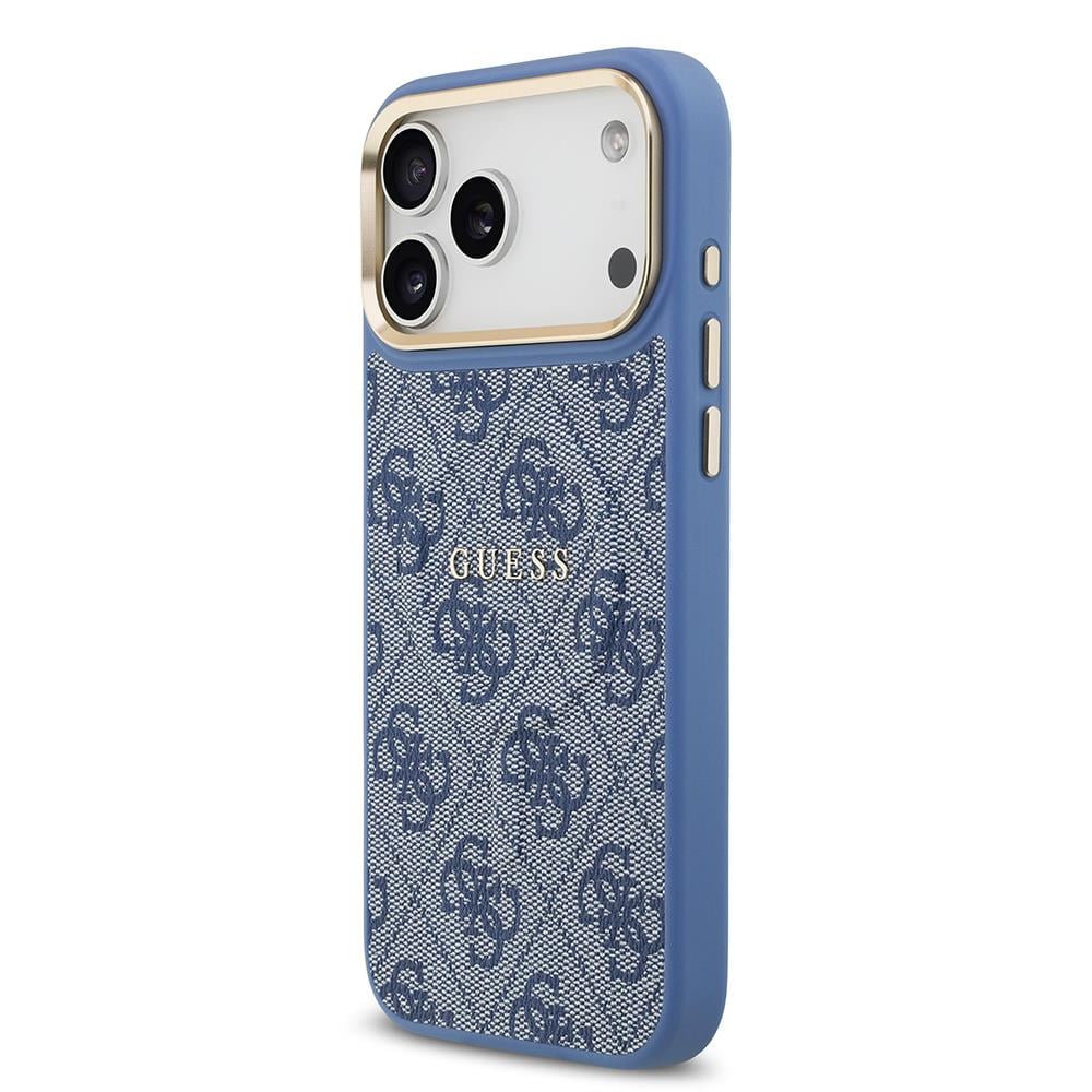 Apple iPhone 17 Pro Max Kılıf Guess Orjinal Lisanslı M-safe Şarj Özellikli Gold Metal Kamera Çerçeveli PU Deri 4G Desenli Yazı Logolu Kapak