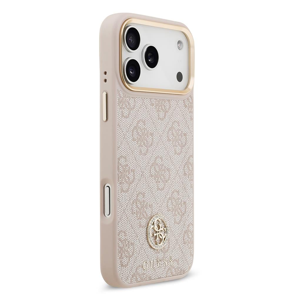 Apple iPhone 17 Pro Max Kılıf Guess Orjinal Lisanslı M-safe Şarj Özellikli Gold Metal Kamera Çerçeveli Taşlı 4G Logolu Kapak