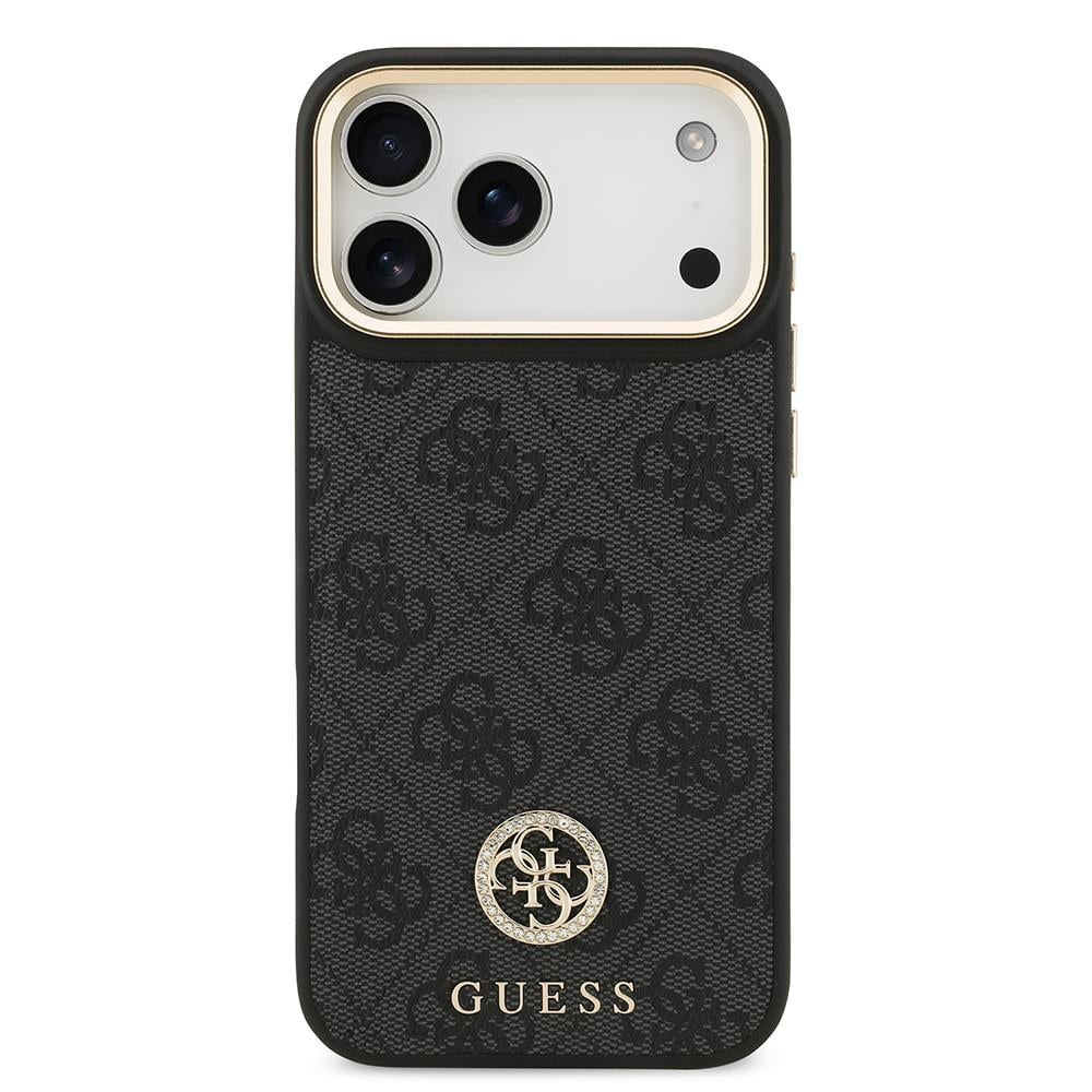 Apple iPhone 17 Pro Max Kılıf Guess Orjinal Lisanslı M-safe Şarj Özellikli Gold Metal Kamera Çerçeveli Taşlı 4G Logolu Kapak