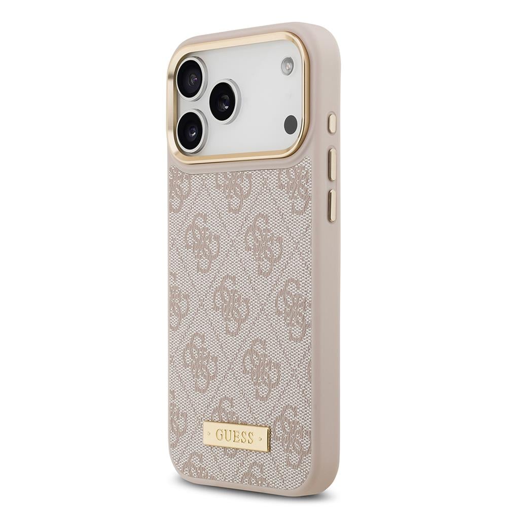 Apple iPhone 17 Pro Max Kılıf Guess Orjinal Lisanslı M-safe Şarj Özellikli 4G Desenli PU Metal Plaka Klasik Logolu Kapak