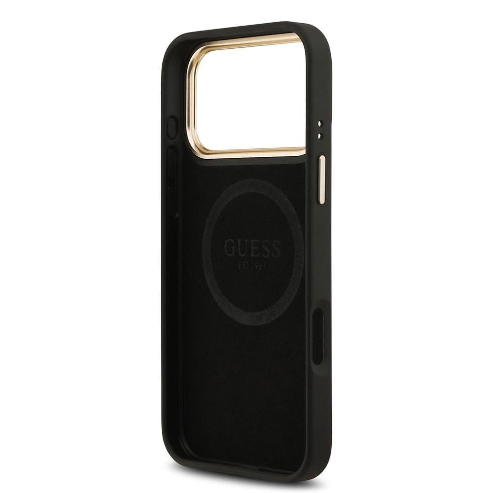 Apple iPhone 17 Pro Max Kılıf Guess Orjinal Lisanslı M-safe Şarj Özellikli 4G Desenli PU Metal Plaka Klasik Logolu Kapak