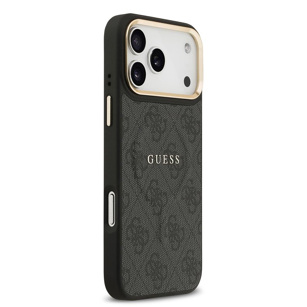 Apple iPhone 17 Pro Max Kılıf Guess Orjinal Lisanslı M-safe Şarj Özellikli Gold Metal Kamera Çerçeveli PU Deri 4G Desenli Yazı Logolu Kapak