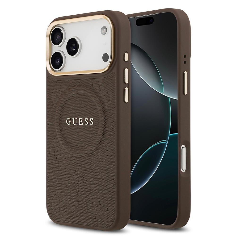 Apple iPhone 17 Pro Max Kılıf Guess Orjinal Lisanslı M-safe Şarj Özellikli Sıcak Baskılı Yazı Logolu PU Deri Peony Kapak