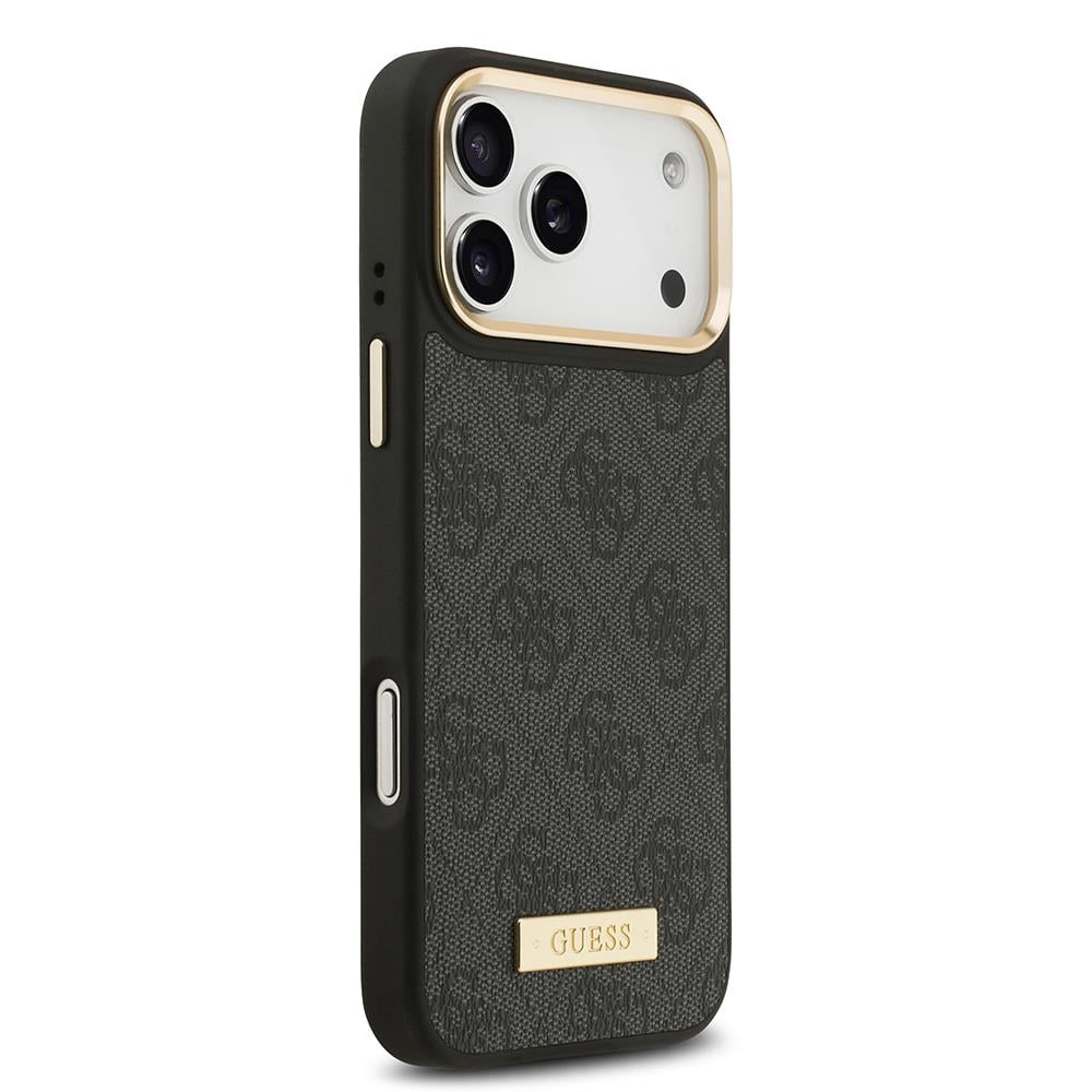 Apple iPhone 17 Pro Max Kılıf Guess Orjinal Lisanslı M-safe Şarj Özellikli 4G Desenli PU Metal Plaka Klasik Logolu Kapak