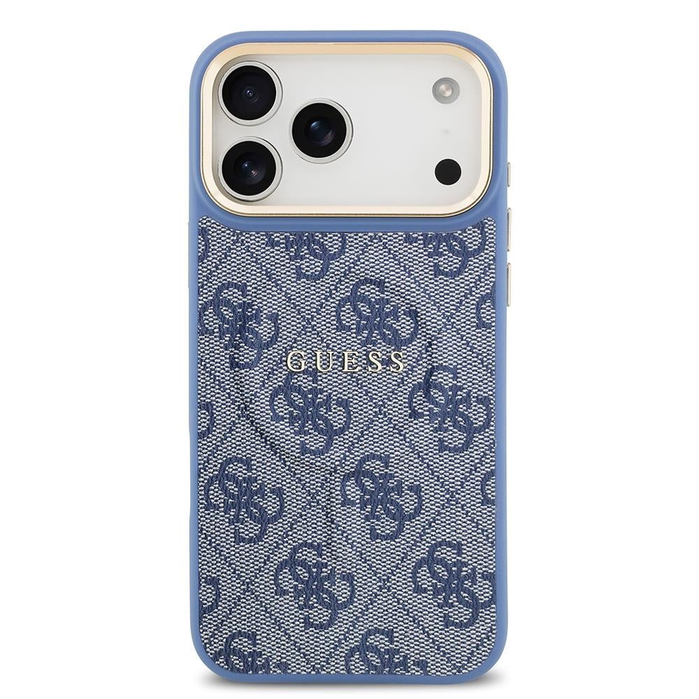 Apple iPhone 17 Pro Max Kılıf Guess Orjinal Lisanslı M-safe Şarj Özellikli Gold Metal Kamera Çerçeveli PU Deri 4G Desenli Yazı Logolu Kapak