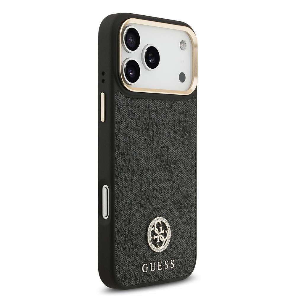 Apple iPhone 17 Pro Max Kılıf Guess Orjinal Lisanslı M-safe Şarj Özellikli Gold Metal Kamera Çerçeveli Taşlı 4G Logolu Kapak