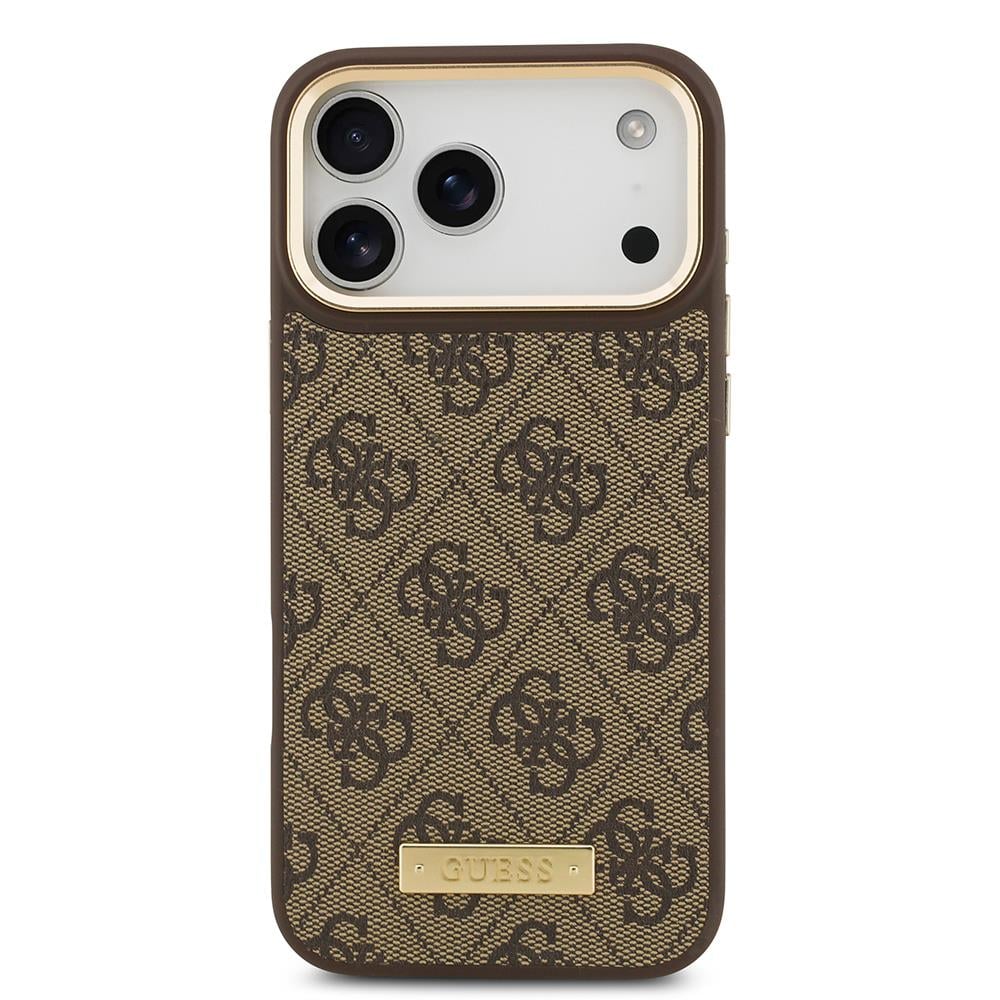 Apple iPhone 17 Pro Max Kılıf Guess Orjinal Lisanslı M-safe Şarj Özellikli 4G Desenli PU Metal Plaka Klasik Logolu Kapak