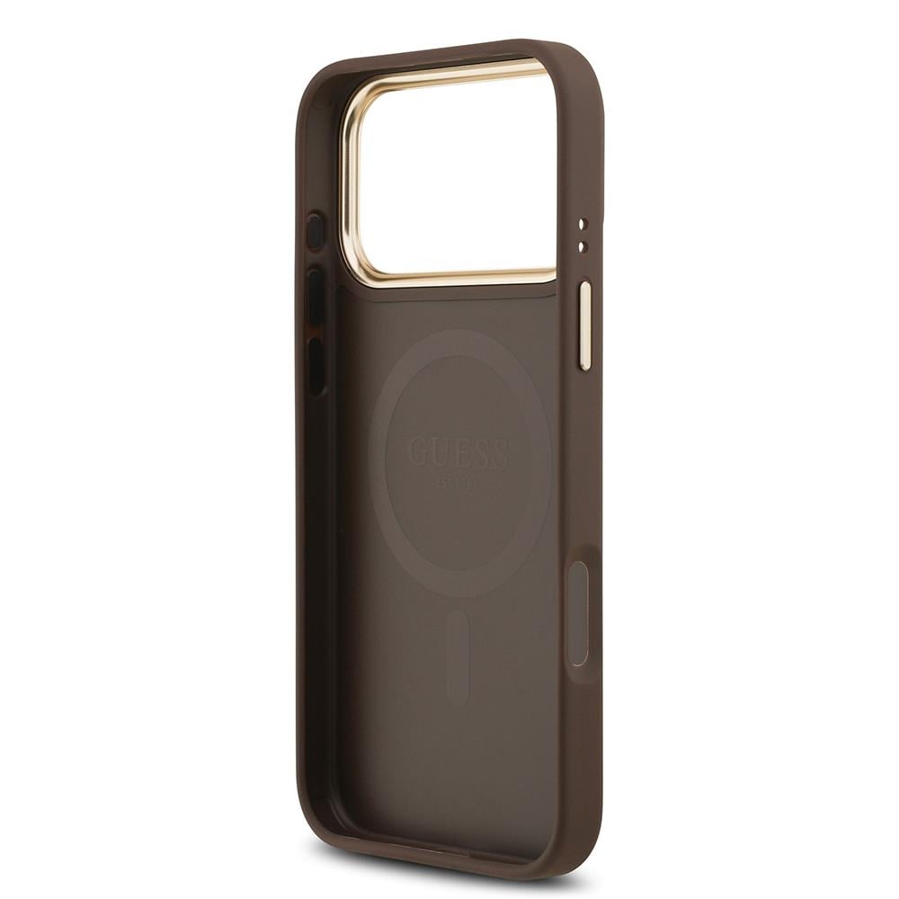 Apple iPhone 17 Pro Max Kılıf Guess Orjinal Lisanslı M-safe Şarj Özellikli Gold Metal Kamera Çerçeveli PU Deri 4G Desenli Yazı Logolu Kapak