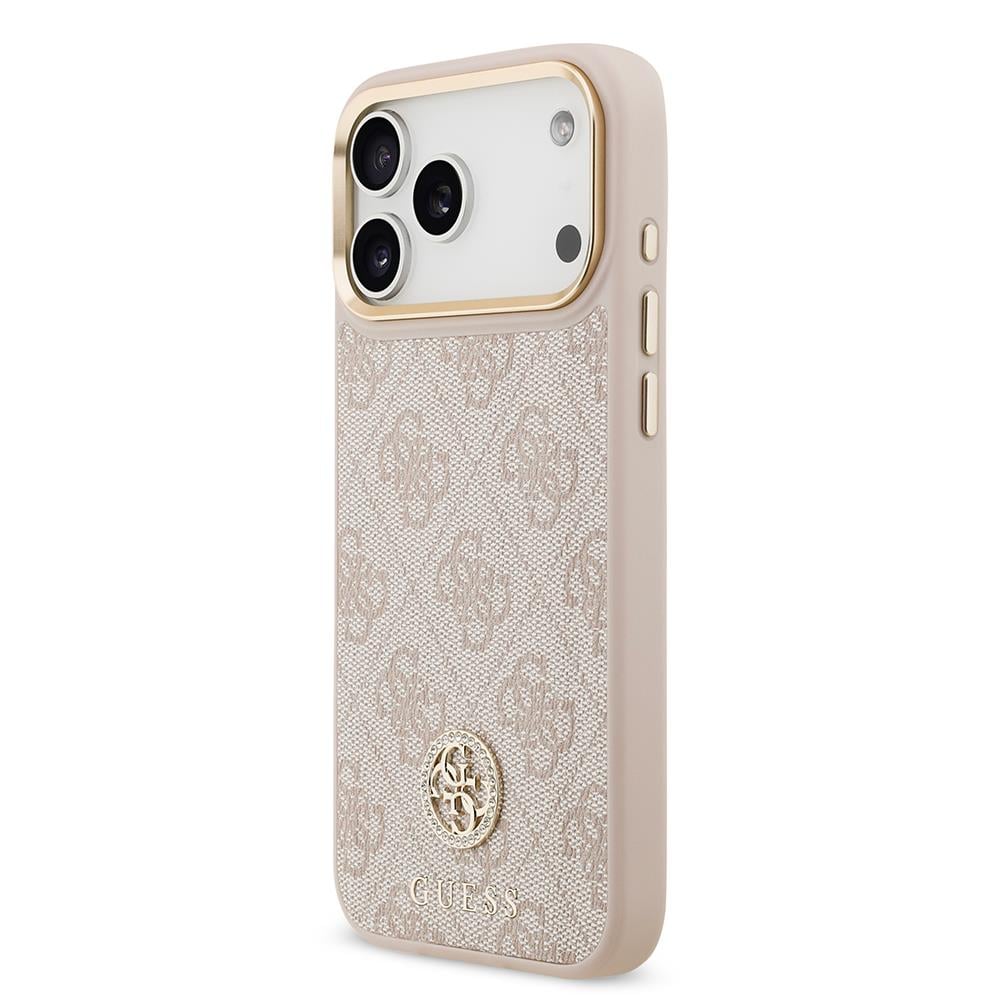 Apple iPhone 17 Pro Max Kılıf Guess Orjinal Lisanslı M-safe Şarj Özellikli Gold Metal Kamera Çerçeveli Taşlı 4G Logolu Kapak