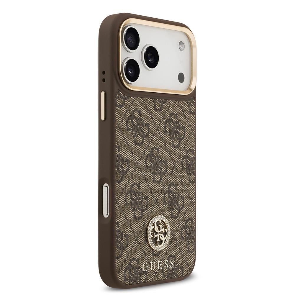 Apple iPhone 17 Pro Max Kılıf Guess Orjinal Lisanslı M-safe Şarj Özellikli Gold Metal Kamera Çerçeveli Taşlı 4G Logolu Kapak