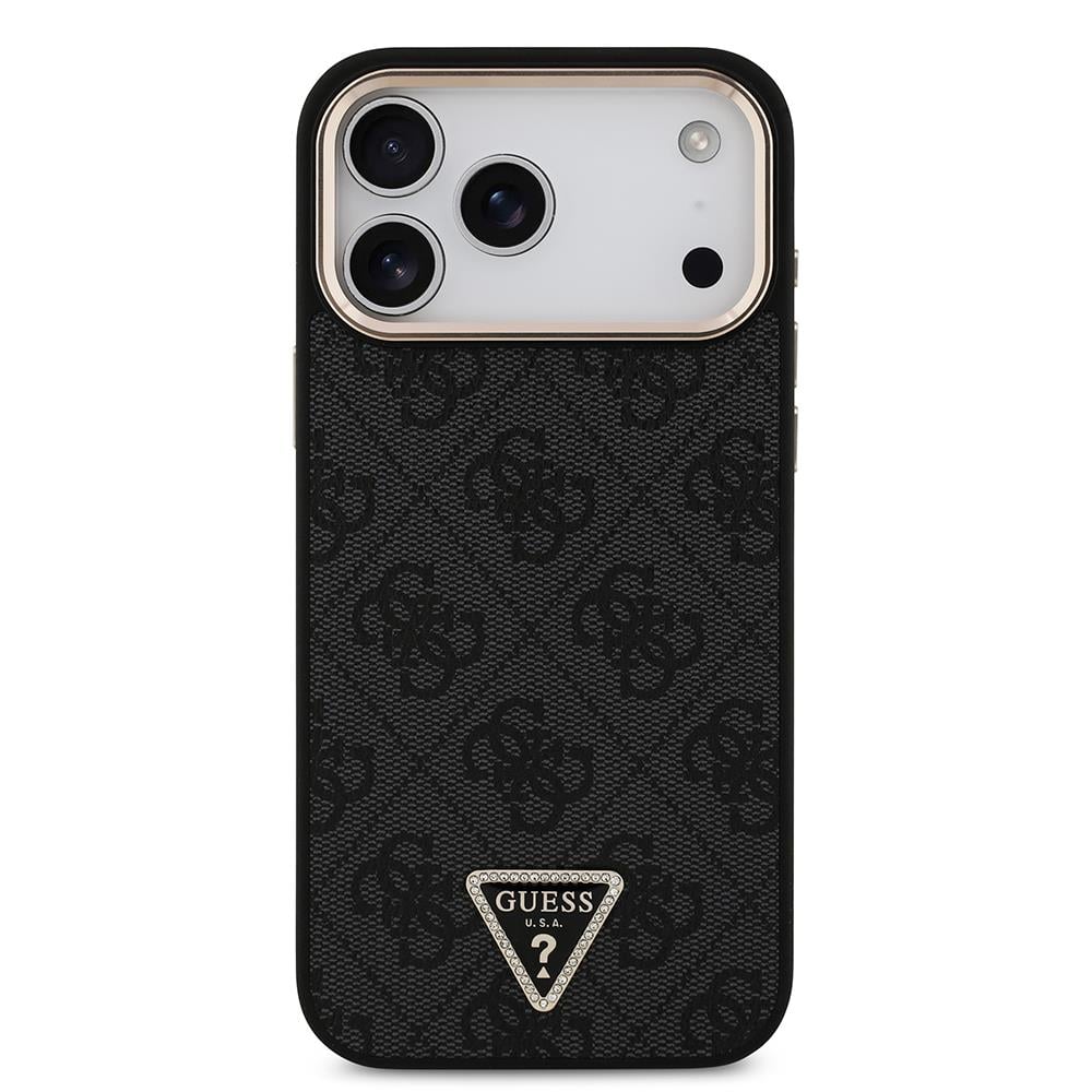 Apple iPhone 17 Pro Max Kılıf Guess Orjinal Lisanslı M-safe Şarj Özellikli Taşlı Üçgen Logo 4G Desenli Kapak
