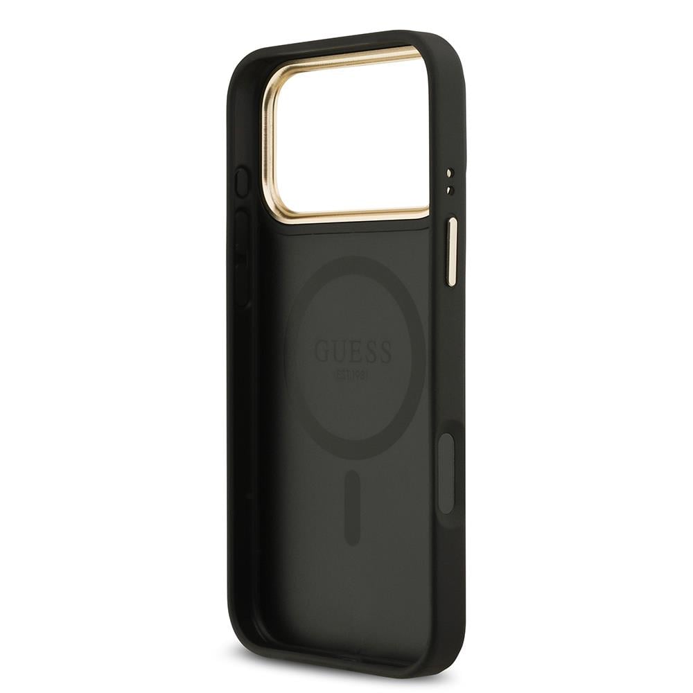 Apple iPhone 17 Pro Max Kılıf Guess Orjinal Lisanslı M-safe Şarj Özellikli Gold Metal Kamera Çerçeveli PU Deri 4G Desenli Yazı Logolu Kapak