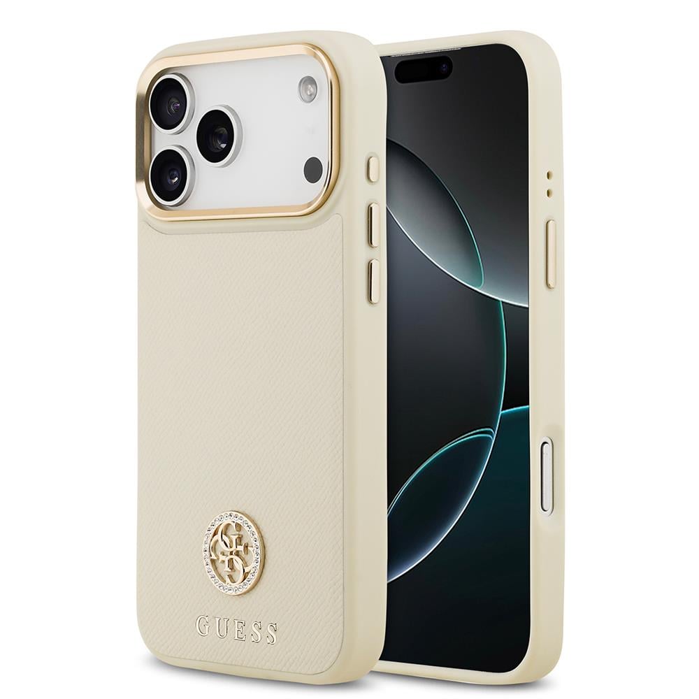 Apple iPhone 17 Pro Max Kılıf Guess Orjinal Lisanslı M-safe Şarj Özellikli Grained Yazı ve Taşlı 4G Logolu Kapak