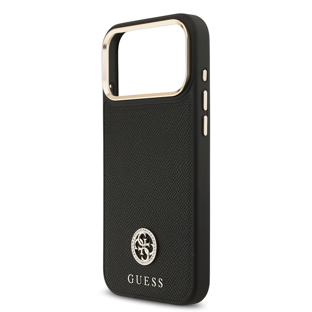 Apple iPhone 17 Pro Max Kılıf Guess Orjinal Lisanslı M-safe Şarj Özellikli Grained Yazı ve Taşlı 4G Logolu Kapak